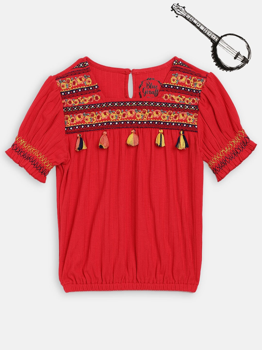 

Blue Giraffe Red Floral Embroidered Blouson Top