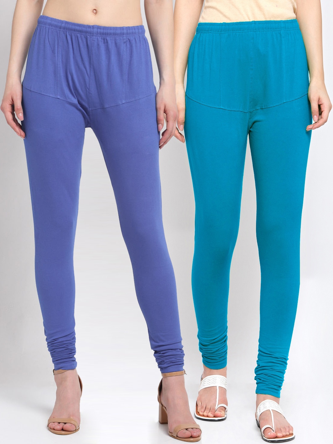 KLOTTHE Women Pack Of 2 Blue Solid Churidar-Length Cotton Leggings
