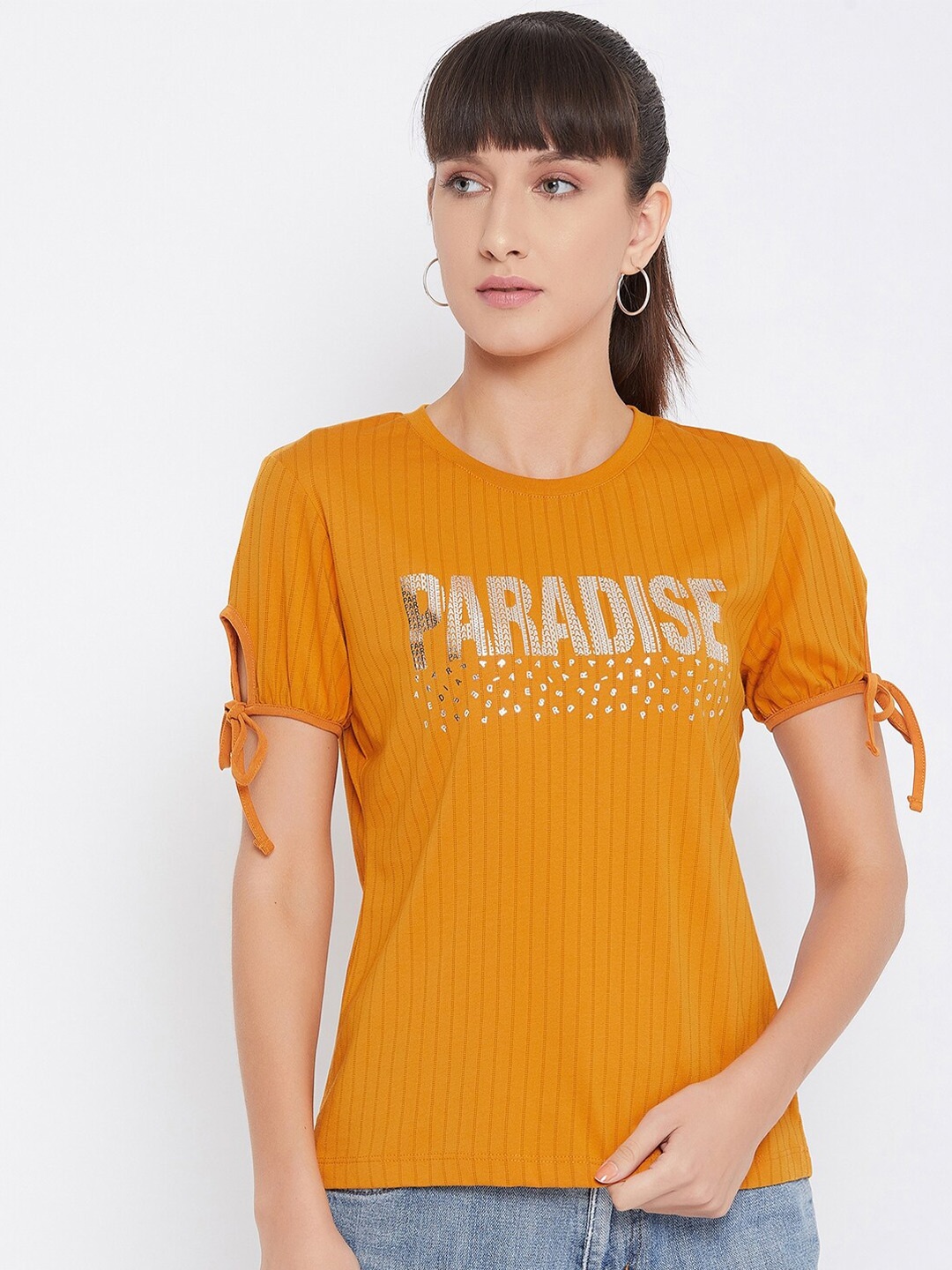

Octave Women Mustard Yellow Sleeve Knot Typography Printed T-shirt