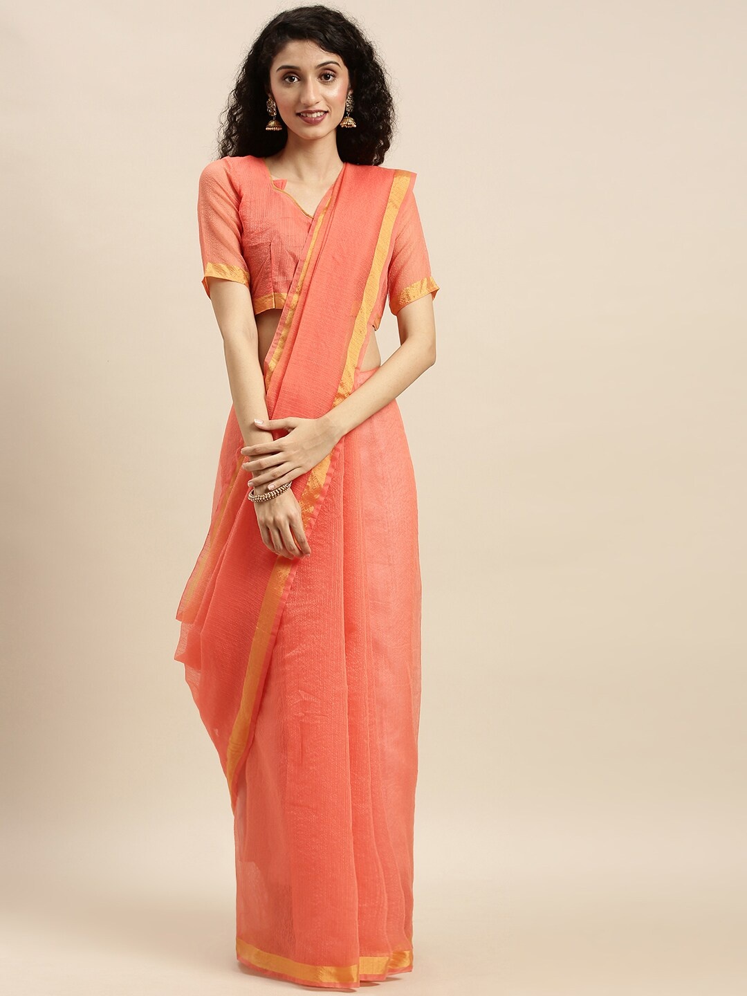 

KALINI Peach-Coloured & Gold-Toned Art Silk Saree