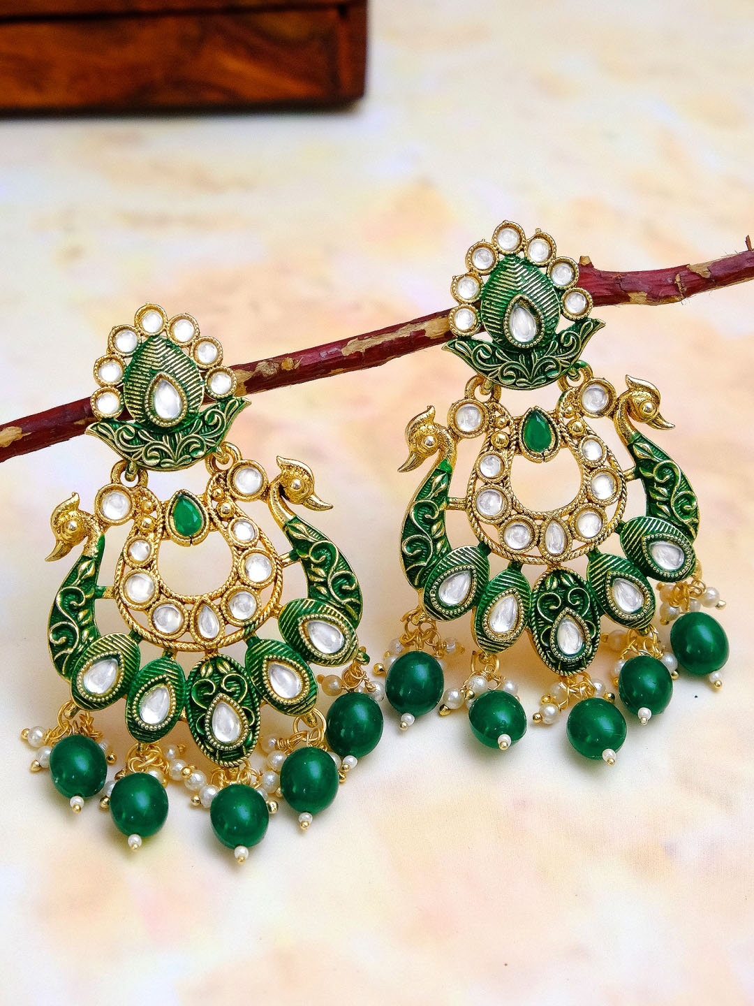 

Crunchy Fashion Gold-Plated & Green Peacock Design Meenakari Dangler Earrings