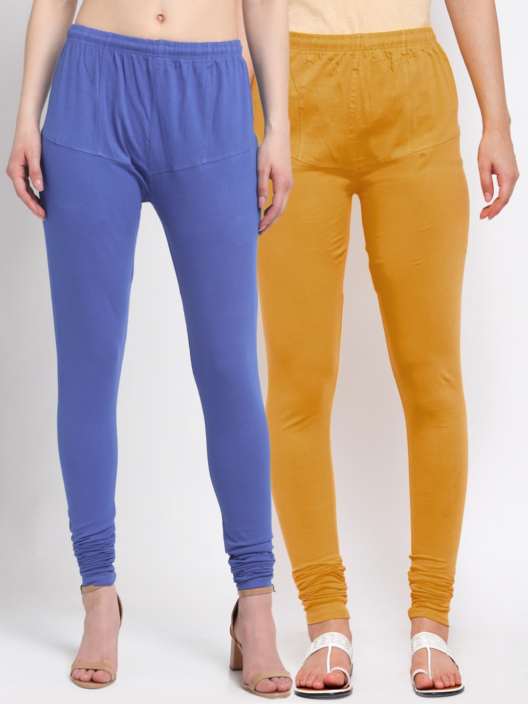 

KLOTTHE Women Pack Of 2 Blue & Mustard Yellow Solid Churidar-Length CottonLeggings