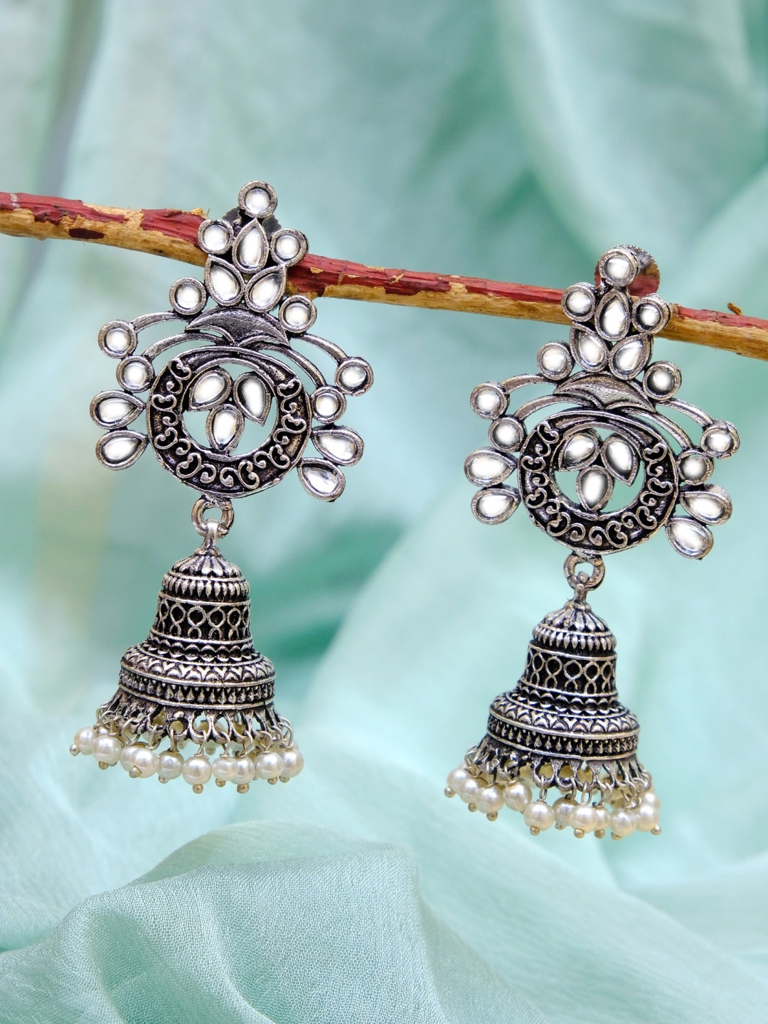 

Crunchy Fashion Silver-Toned Contemporary Oxidised Jhumkas Earrings
