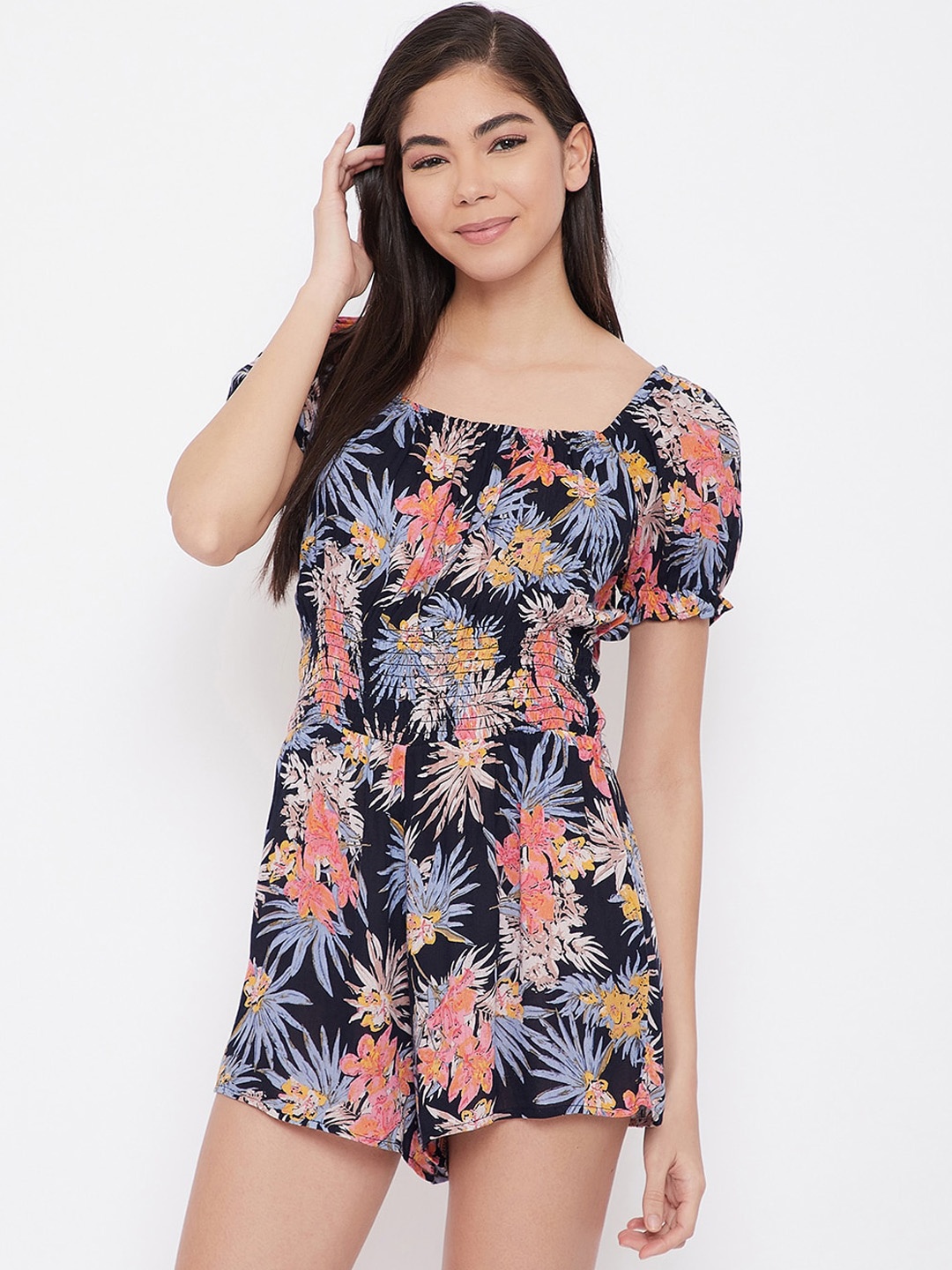 

Clovia Women Blue & Black Floral Printed Off Shoulder Swimming Dress