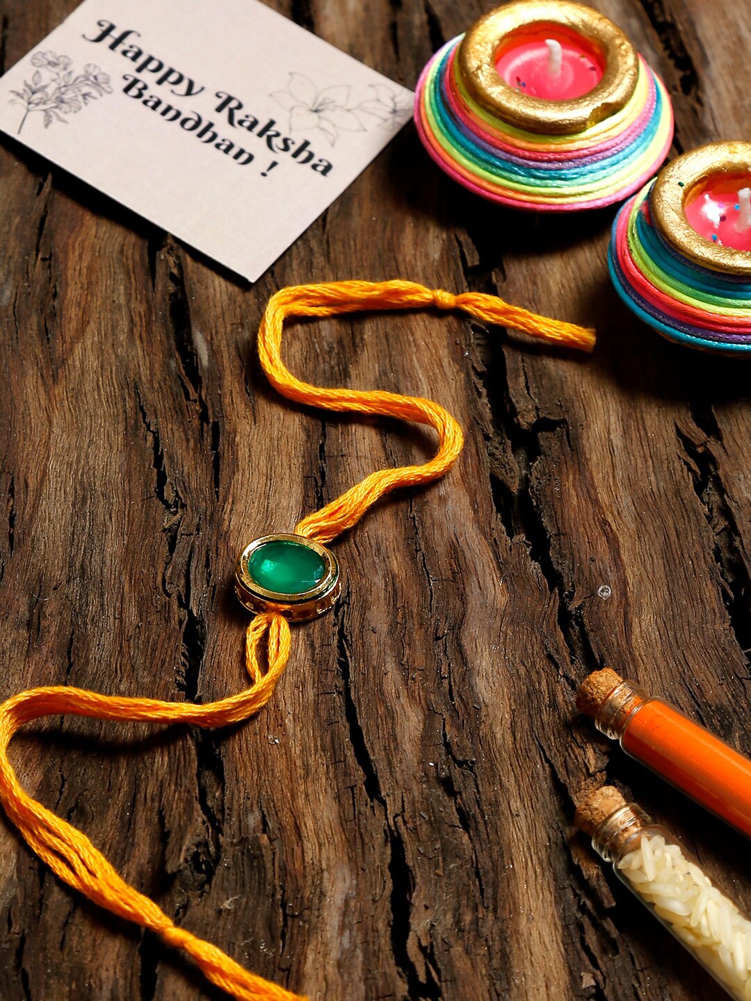 

Ruby Raang Yellow & Green Handcrafted Kundan Rakhi Gift Box