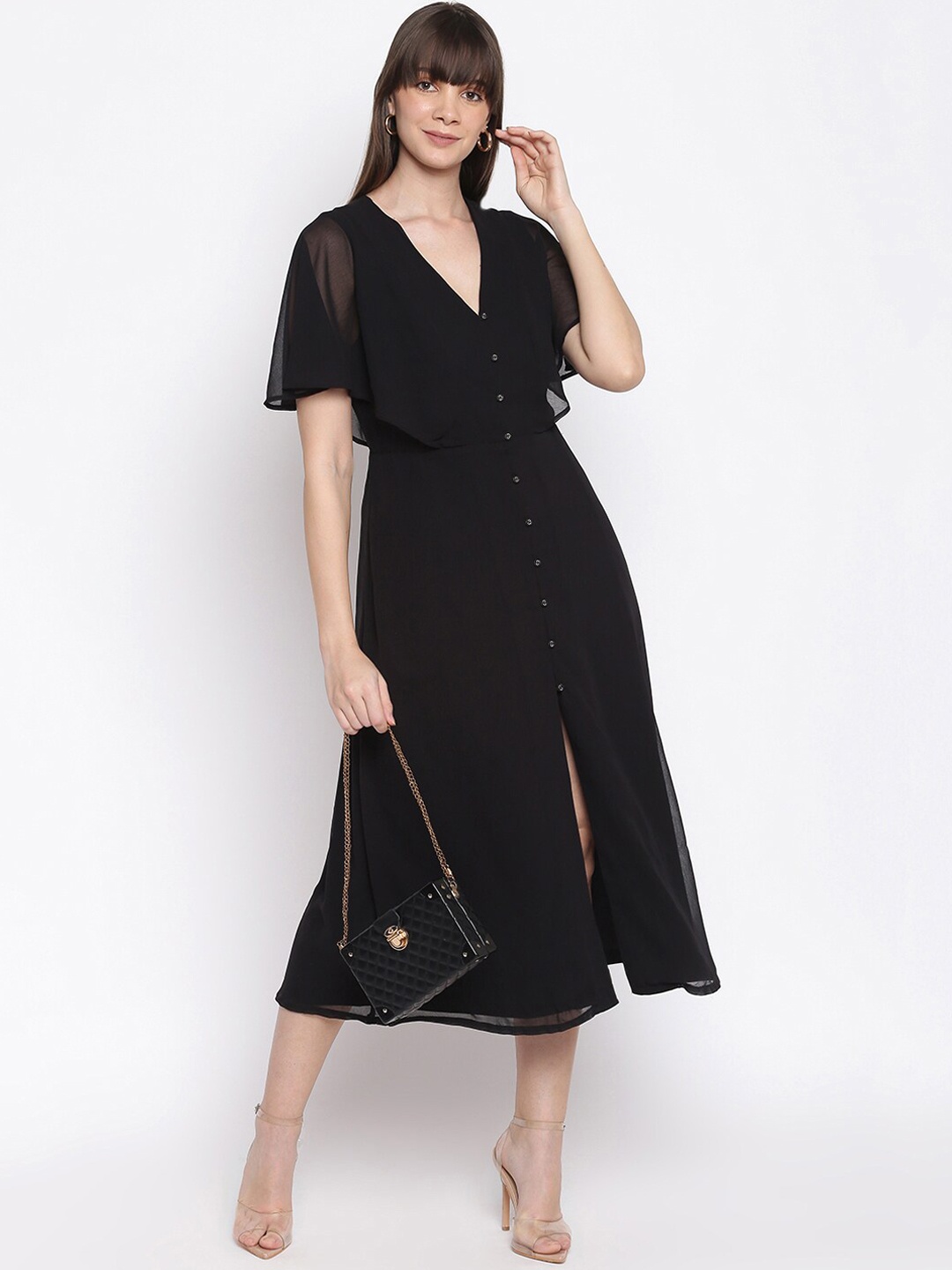 

sandy AND ritz Women Black Solid Polyester A-Line Midi Dress