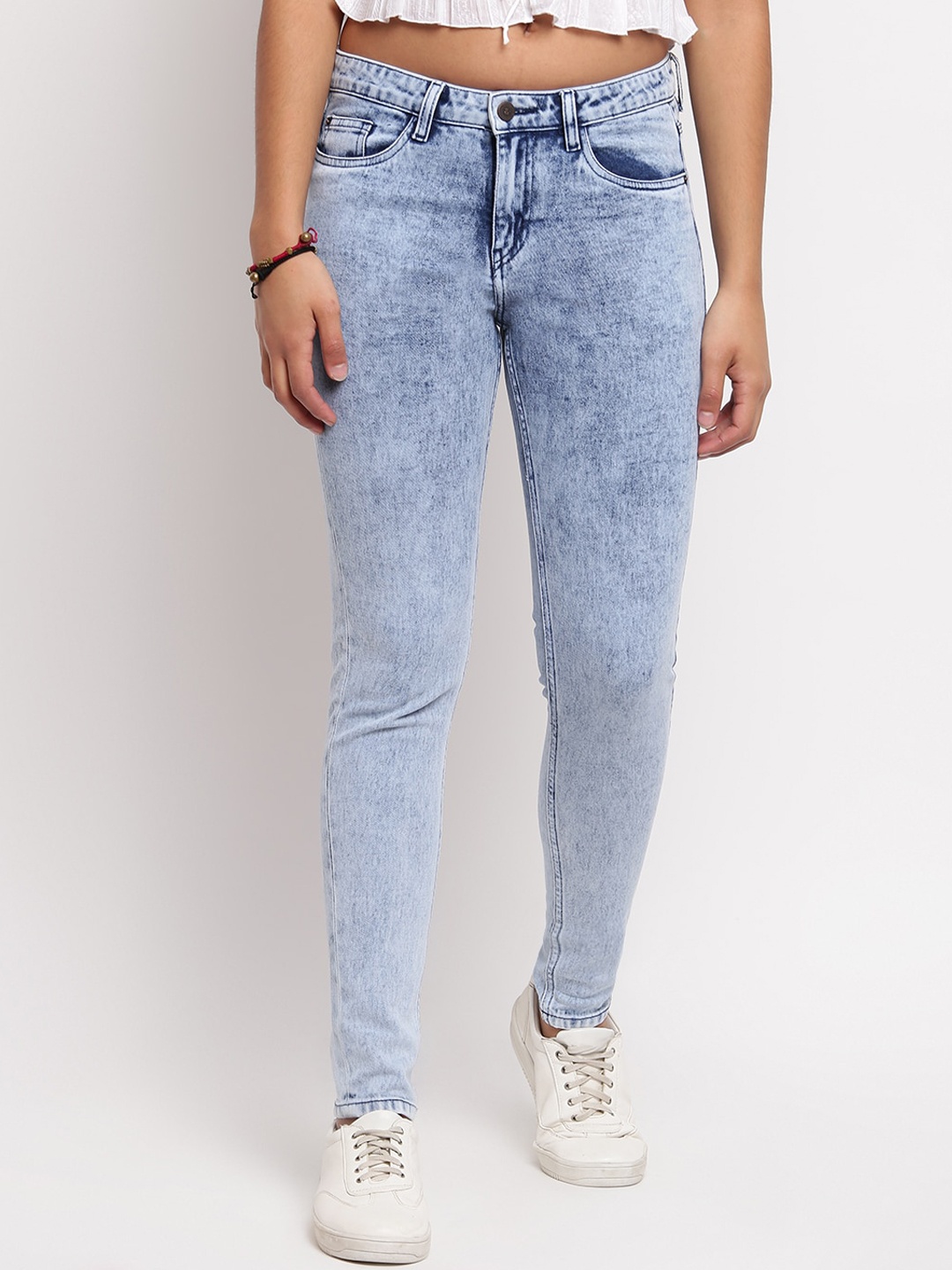 TALES & STORIES, Women Light Blue Cotton Blend Skinny Fit Heavy Fade Stretchable Jeans