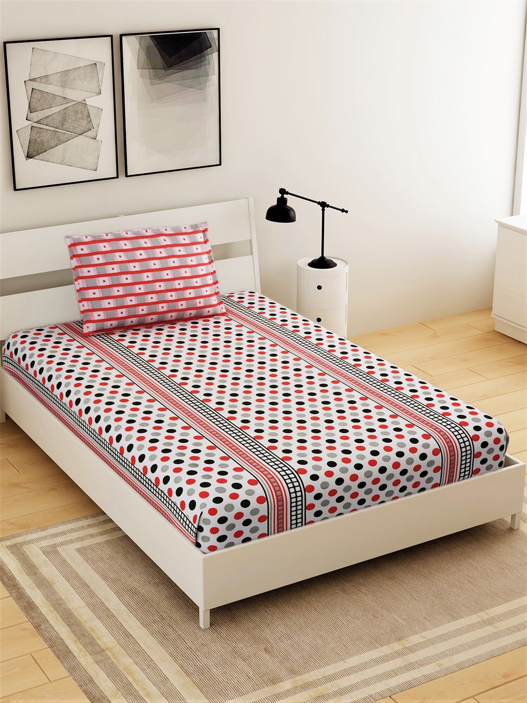 

Salona Bichona White & Red Geometric 104 TC Single Bedsheet with 1 Pillow Covers