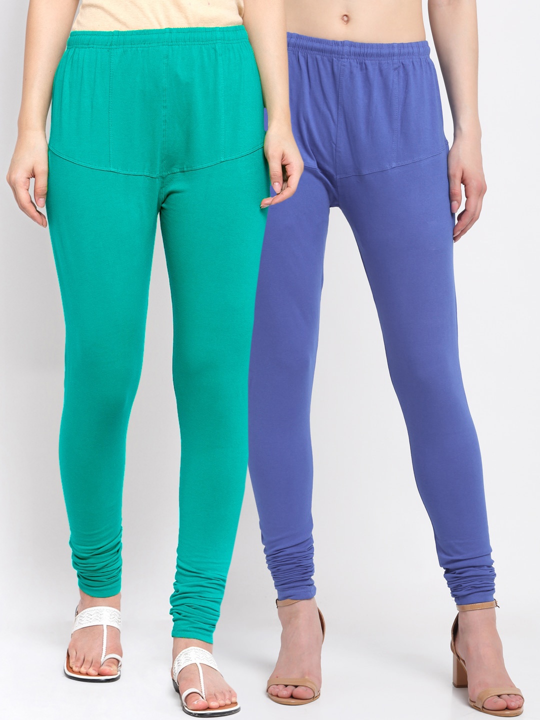 

KLOTTHE Women Pack of 2 Blue & Green Solid Cotton Churidar-Length Leggings