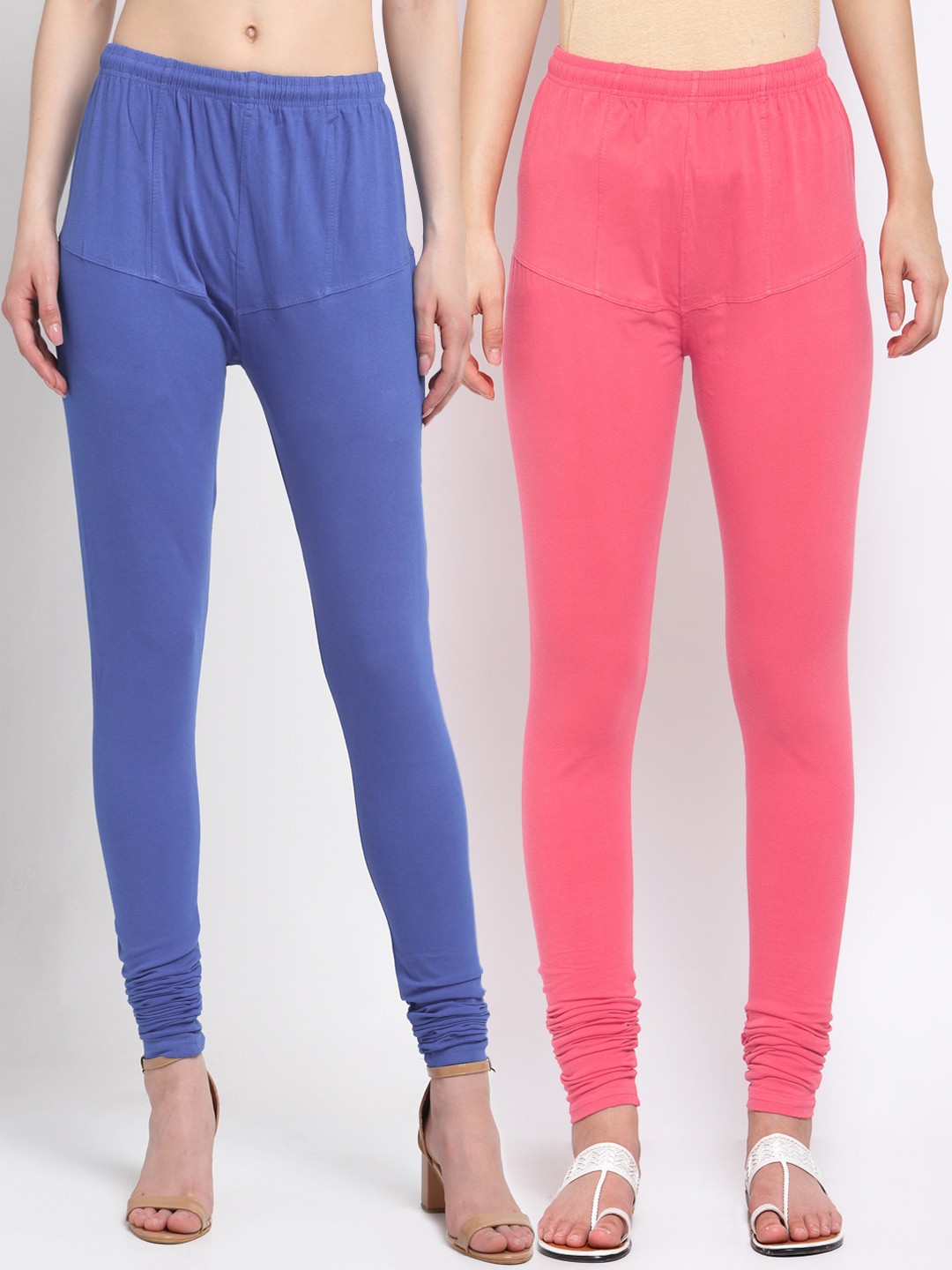 

KLOTTHE Women Pack Of 2 Blue & Coral-Coloured Solid Churidar-Length Cotton Leggings