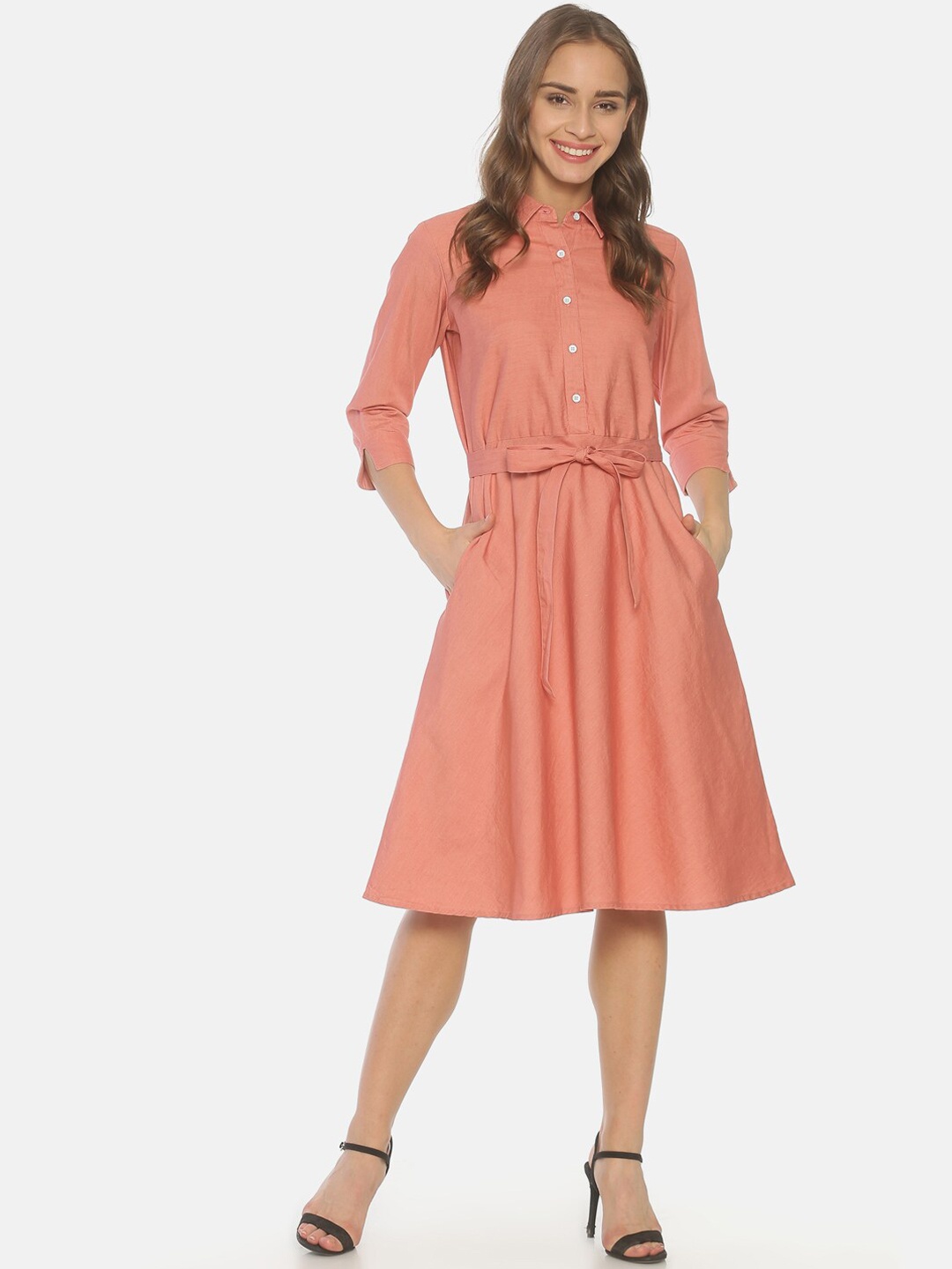 

CINNAMON CLOSET Peach-Coloured Solid Shirt Dress
