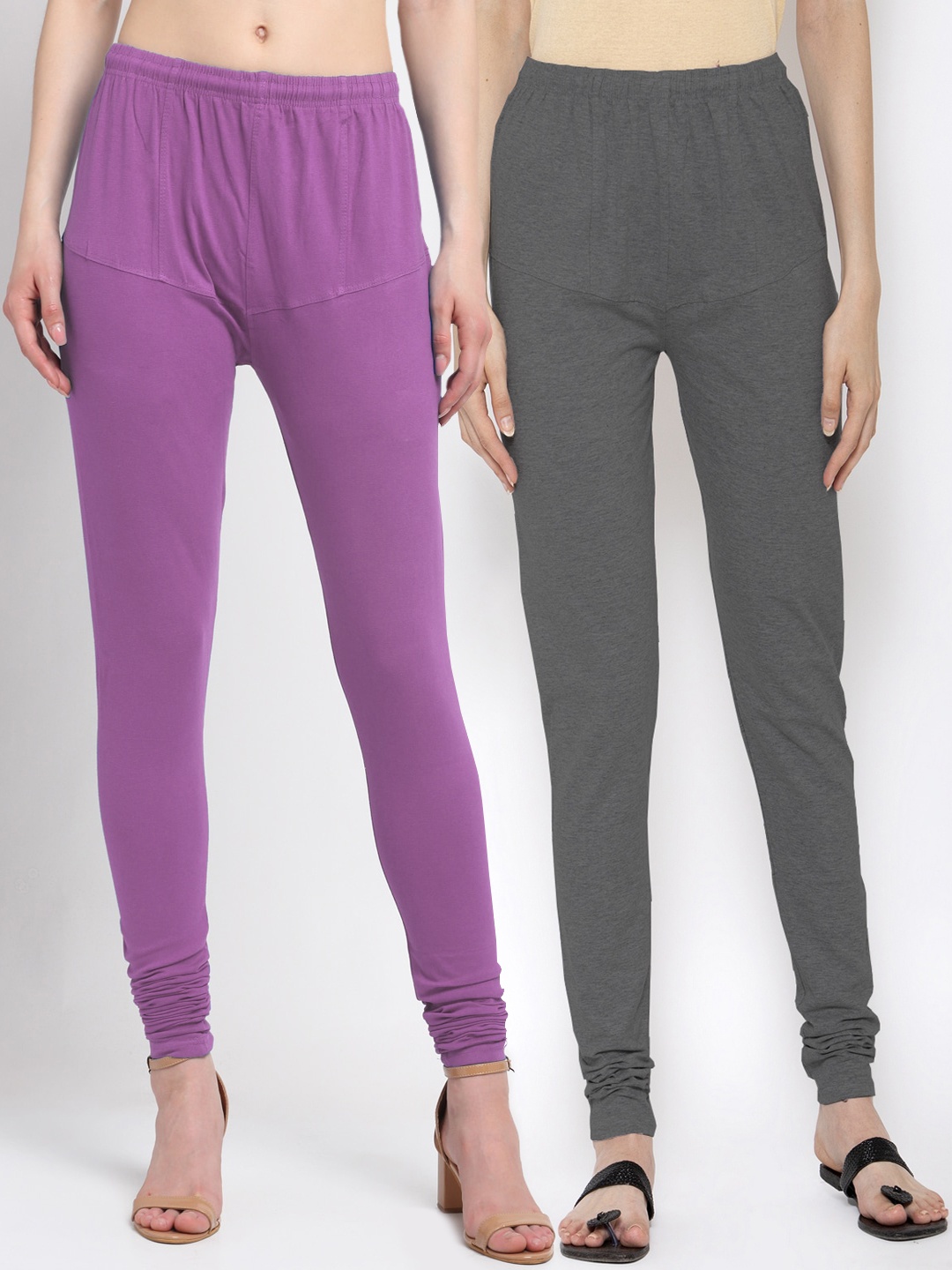 

KLOTTHE Women Pack Of 2 Purple & Grey Solid Cotton Churidar-Length Leggings