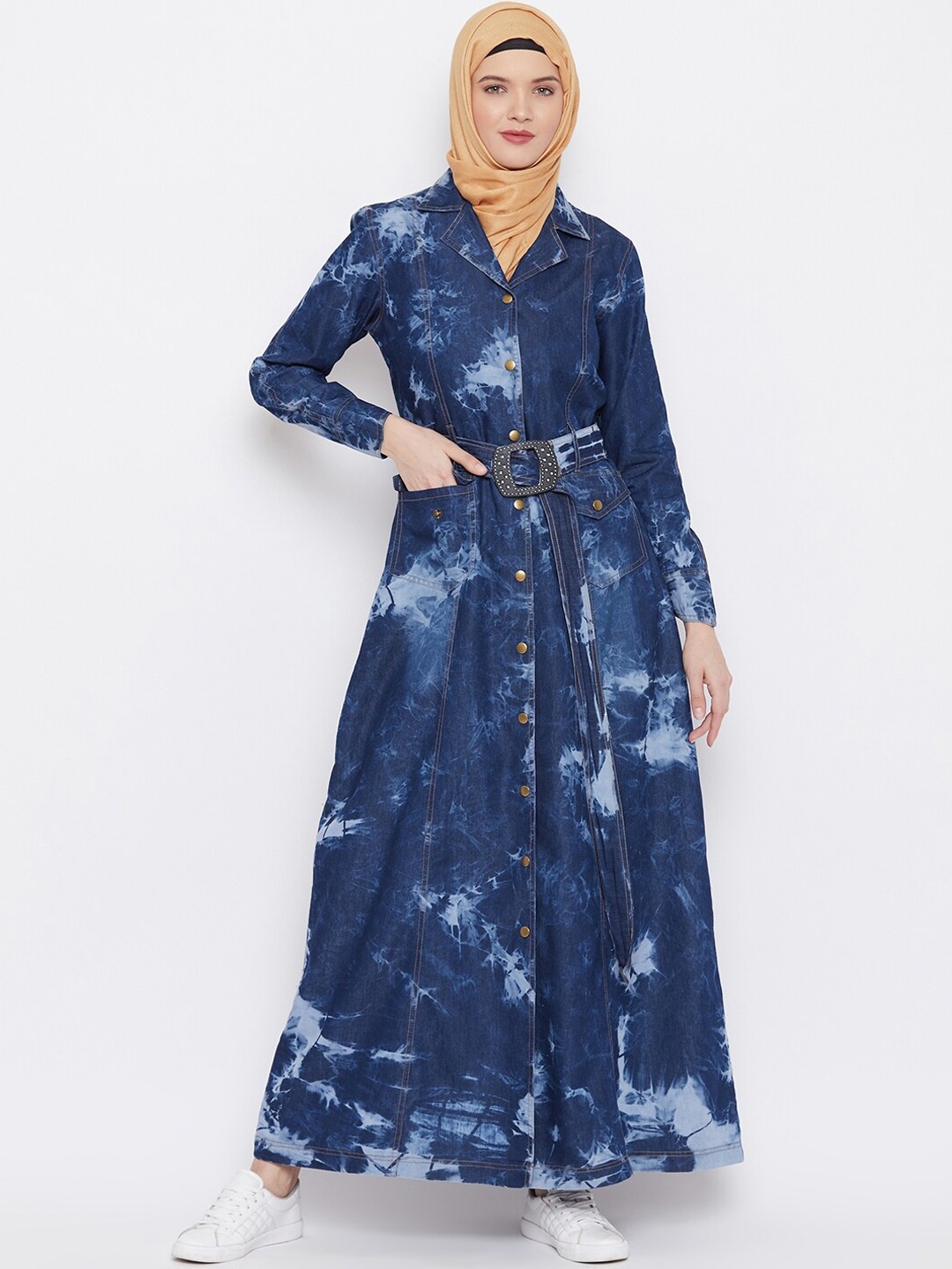 

MOMIN LIBAS Blue Tie And Dye Denim Front Open Abaya Burqa With Belt