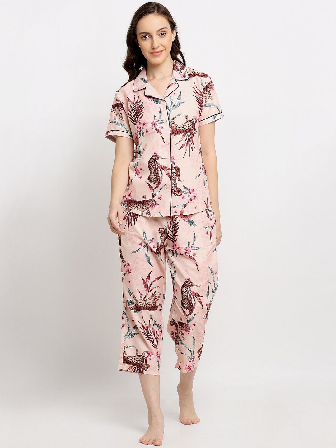 

DIVA WALK EXCLUSIVE Women Pink & Green Printed Night suit