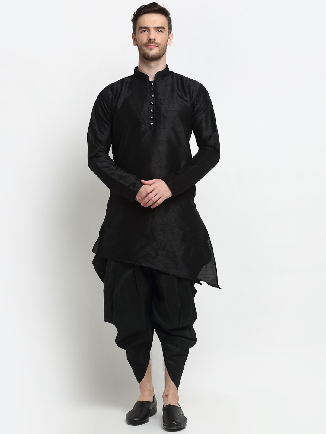 

Benstoke Men Solid Black Dupion Silk Kurta with Dhoti Pants