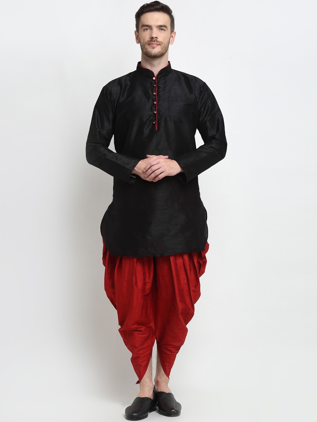 

Benstoke Men Black Dupion Silk Kurta With Pleated Dhoti
