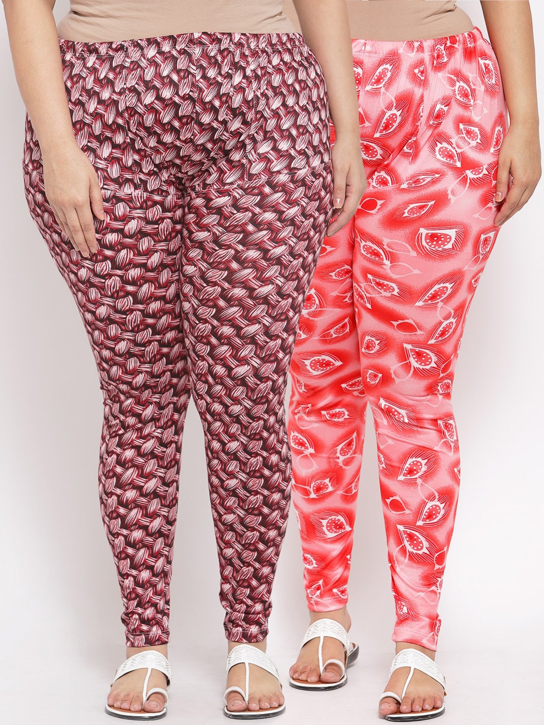 

KLOTTHE Women Pack Of 2 Red & Maroon Printed Ankle-Length Plus Size Leggings
