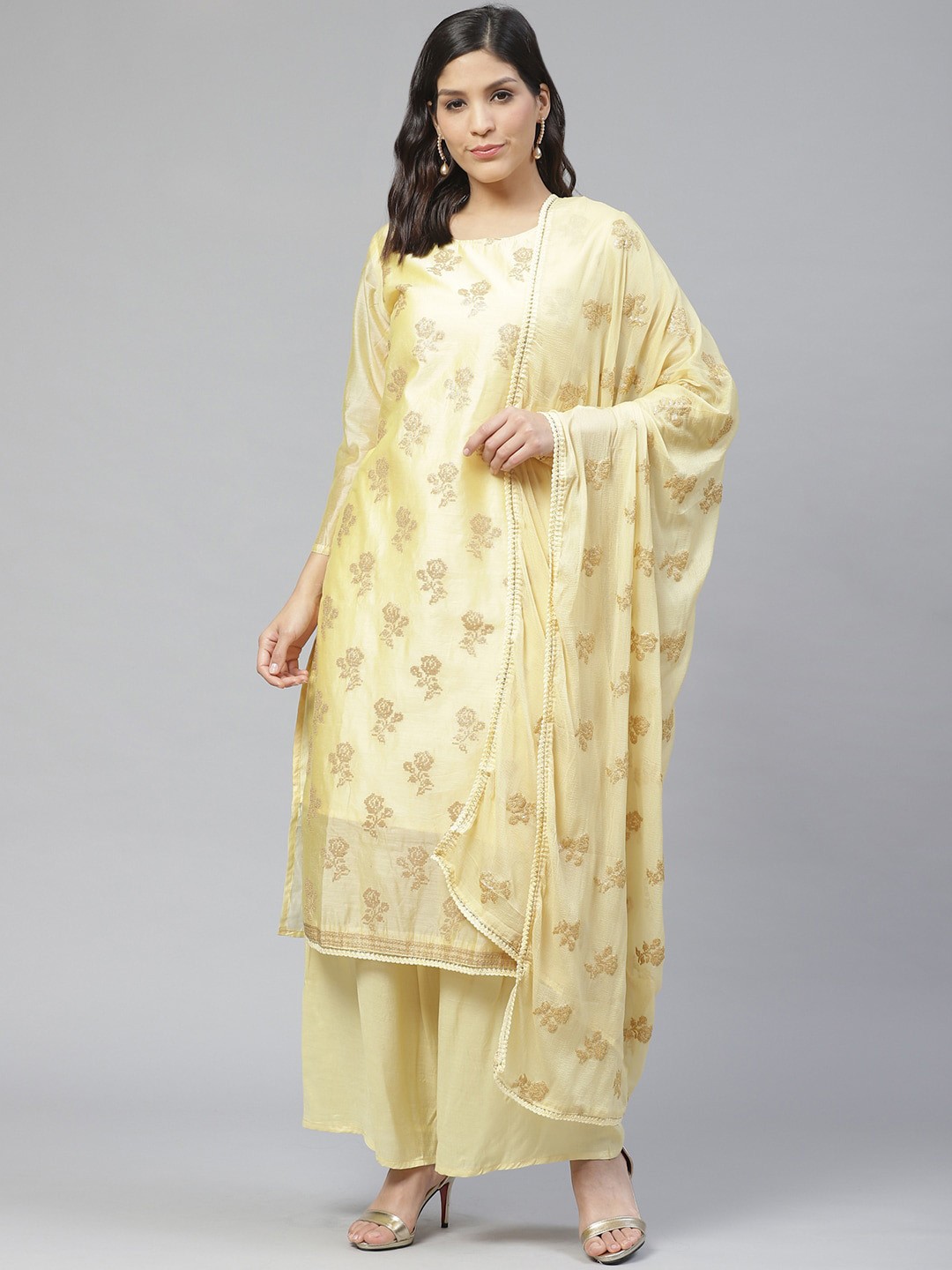 

Ishin Women Yellow Floral Embroidered Chanderi Silk Kurta with Palazzos & With Dupatta