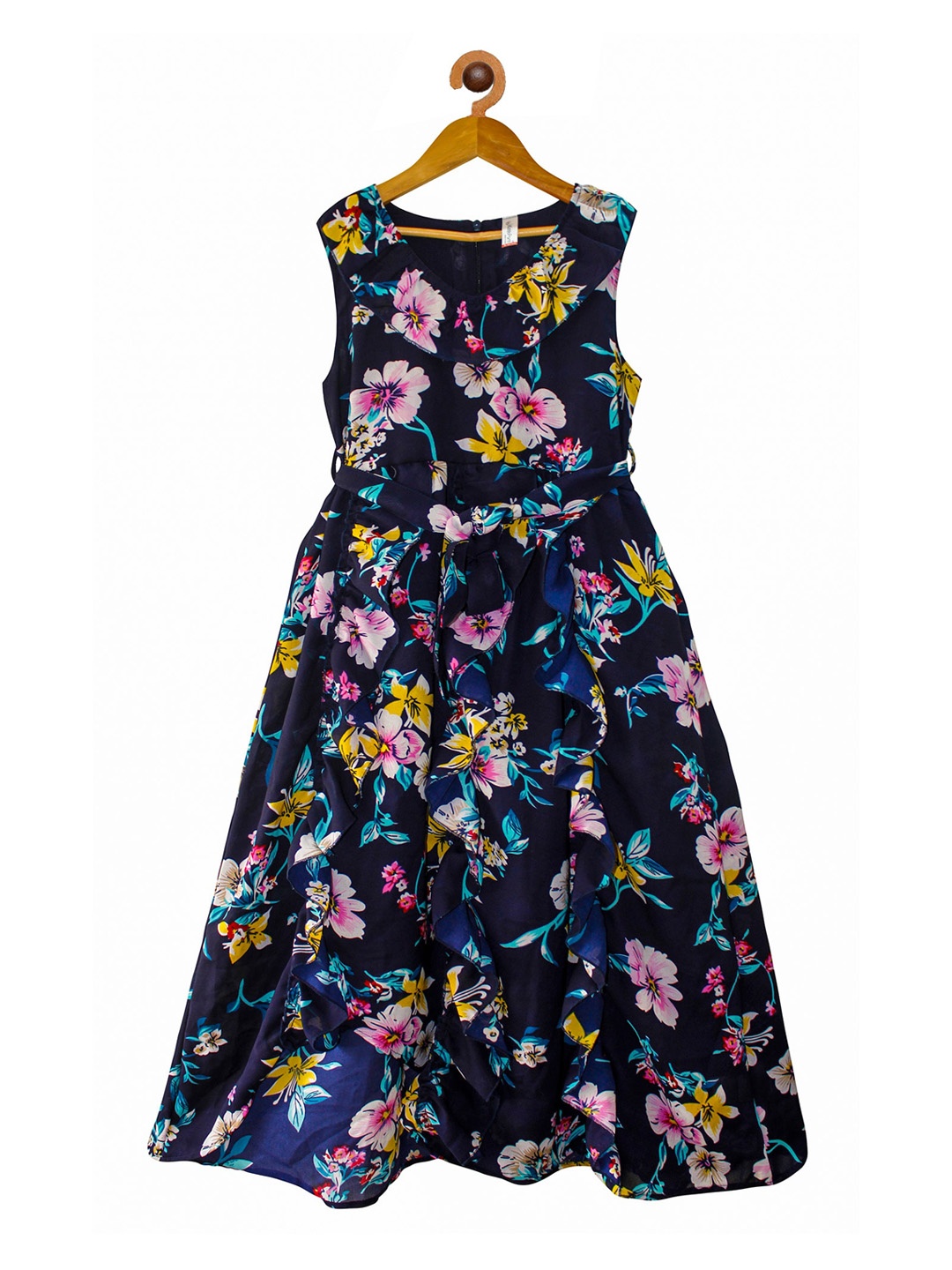 KiddoPanti Navy Blue Floral Georgette Midi Dress