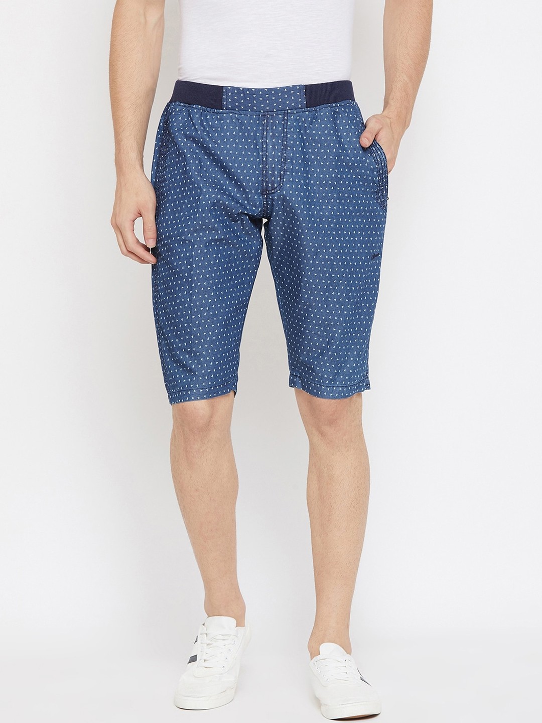 

Okane Men Blue Polka Dot Printed Mid-Rise Denim Regular Shorts