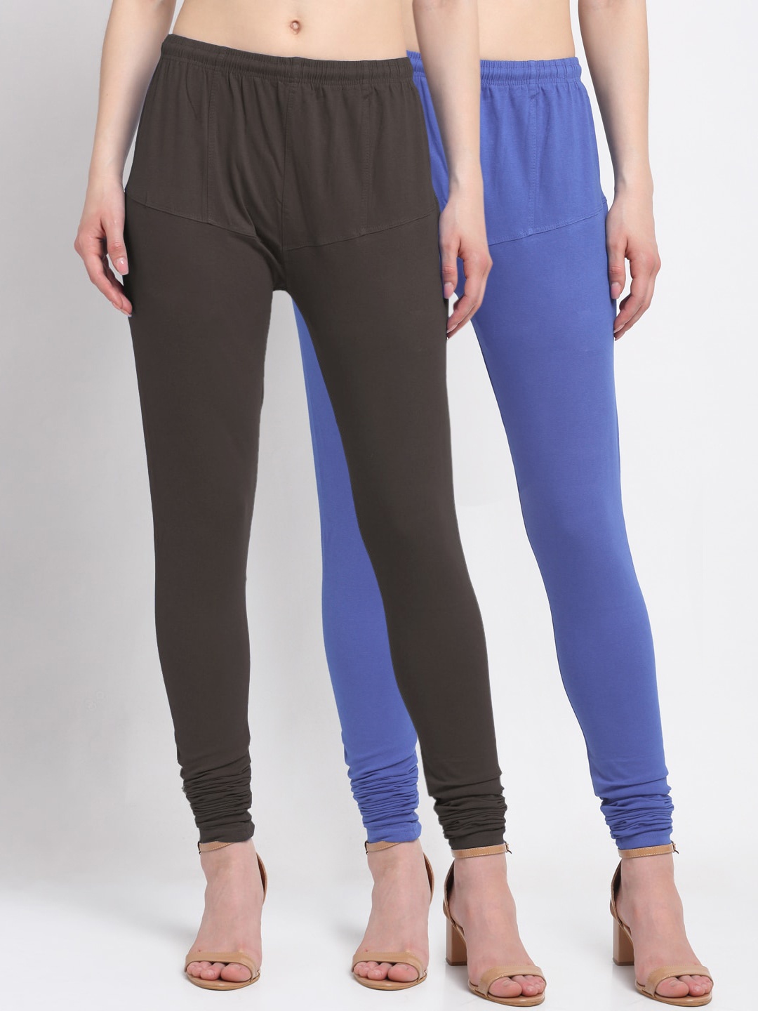 

KLOTTHE Women Pack Of 2 Blue & Brown Solid Cotton Churidar-Length Leggings