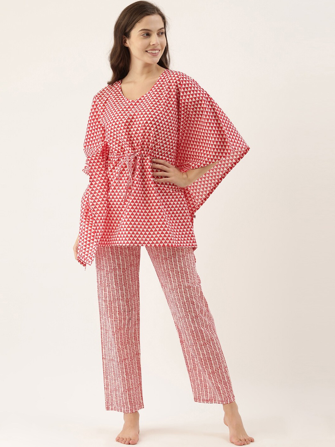 

Bannos Swagger Women Red & White Pure Cotton Printed Night suit