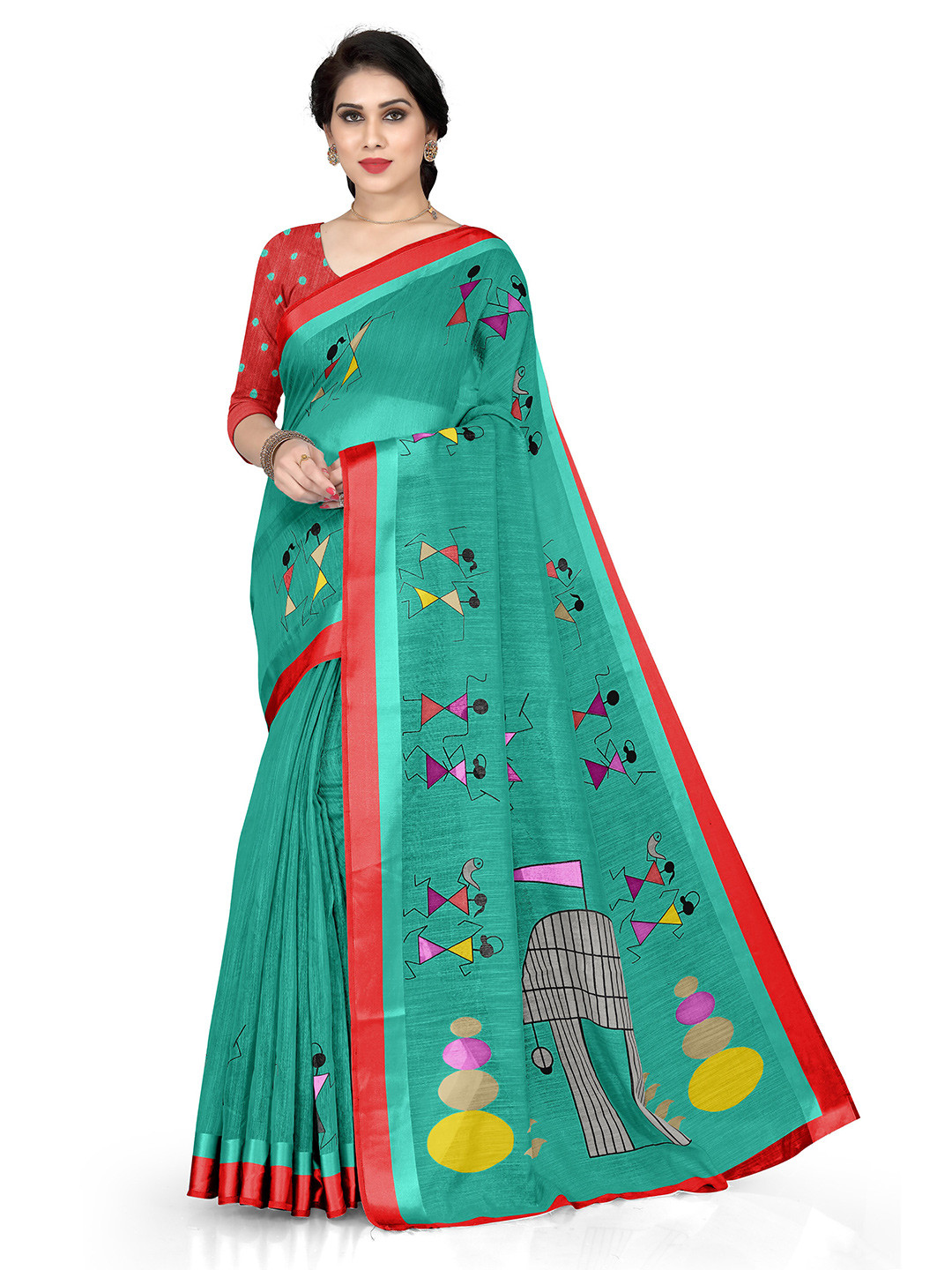 

KALINI Teal & Red Warli Saree