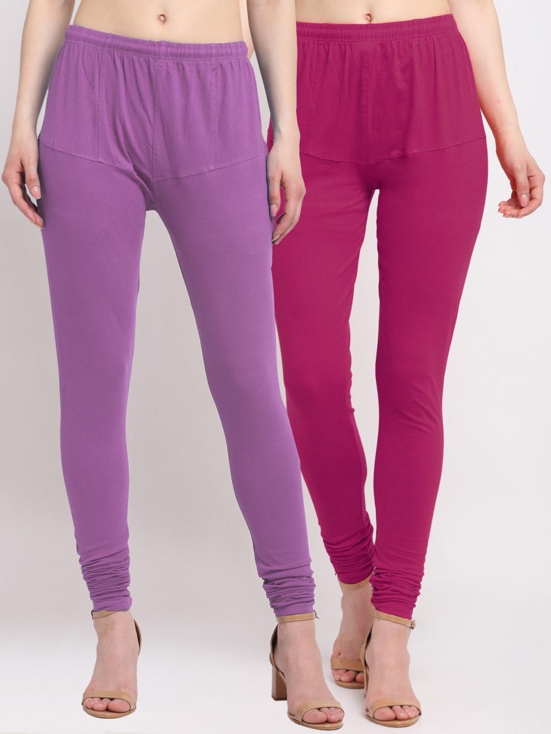 

KLOTTHE Women Pack Of 2 Lavender-Coloured & Magenta Solid Churidar-Length Cotton Leggings