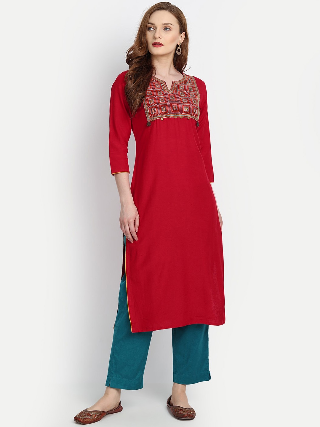 

fabGLOBAL Women Red Geometric Yoke Design Thread Work Cotton Handloom Kurta