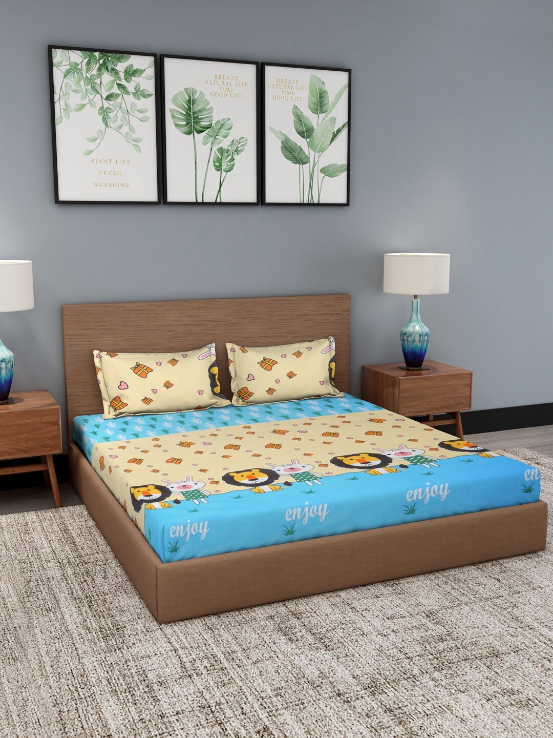 

Gulaab Jaipur Cream-Coloured & Turquoise Blue 210 TC Queen Bedsheet with 2 Pillow Covers