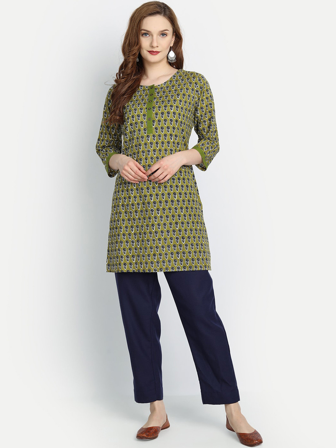 

fabGLOBAL Women Green Ethnic Motifs Printed Handloom Cotton Kurta