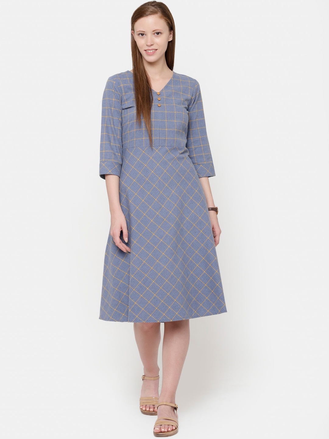 

CINNAMON CLOSET Women Blue Pure Cotton Checked A-Line Midi Dress