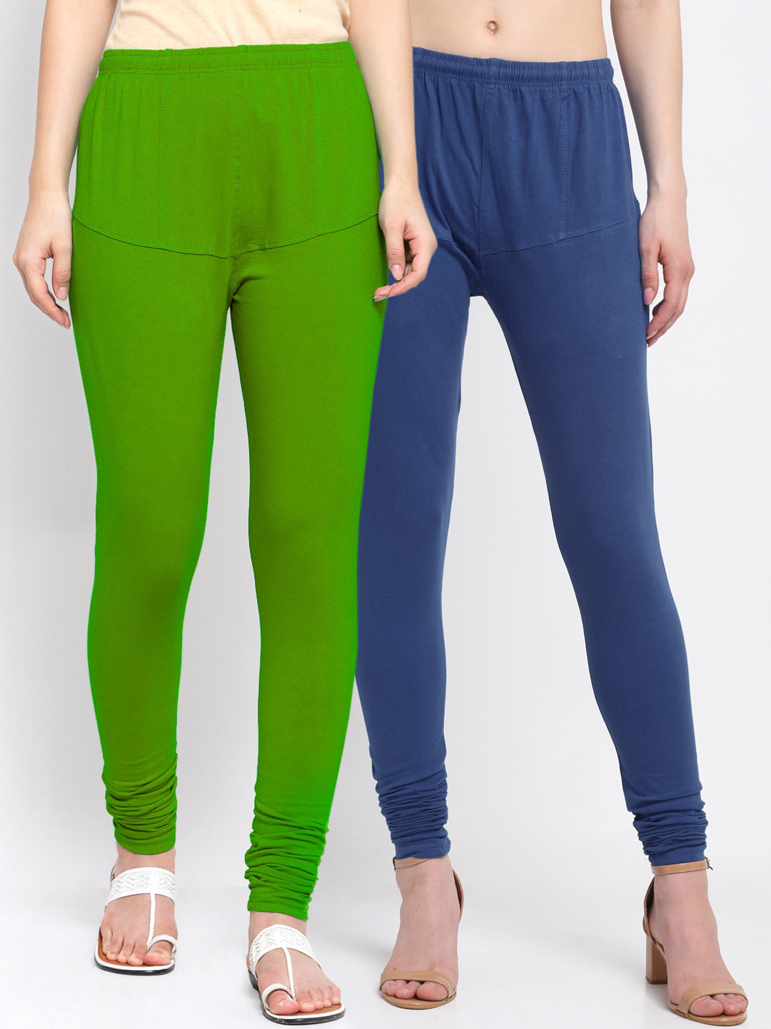 

KLOTTHE Women Pack of 2 Solid Cotton Churidar-Length Leggings, Blue