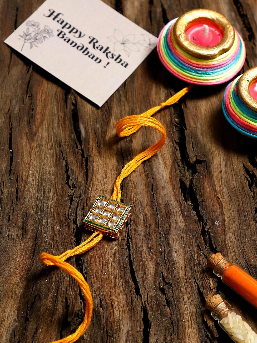 Ruby Raang Men Kundan Rakhi Gift Box, Yellow