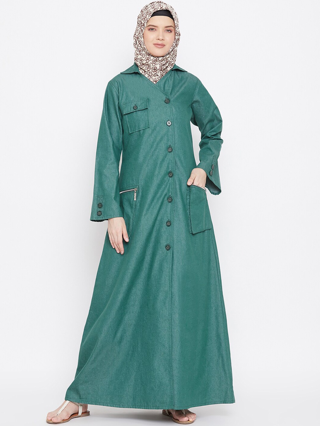 

MOMIN LIBAS Women Green Denim Front Open Abaya Burqa