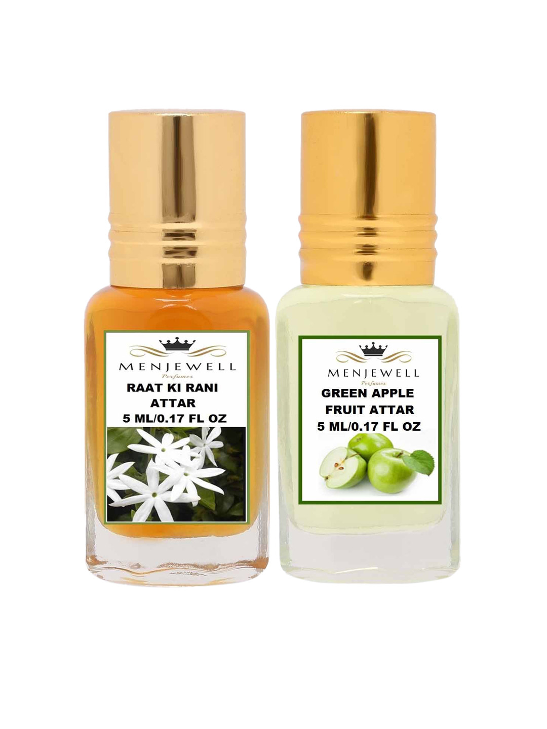 

Menjewell Pack of 2 Attar - Raat Ki Rani Green Apple Fruit Attar 5 ml Each, Gold