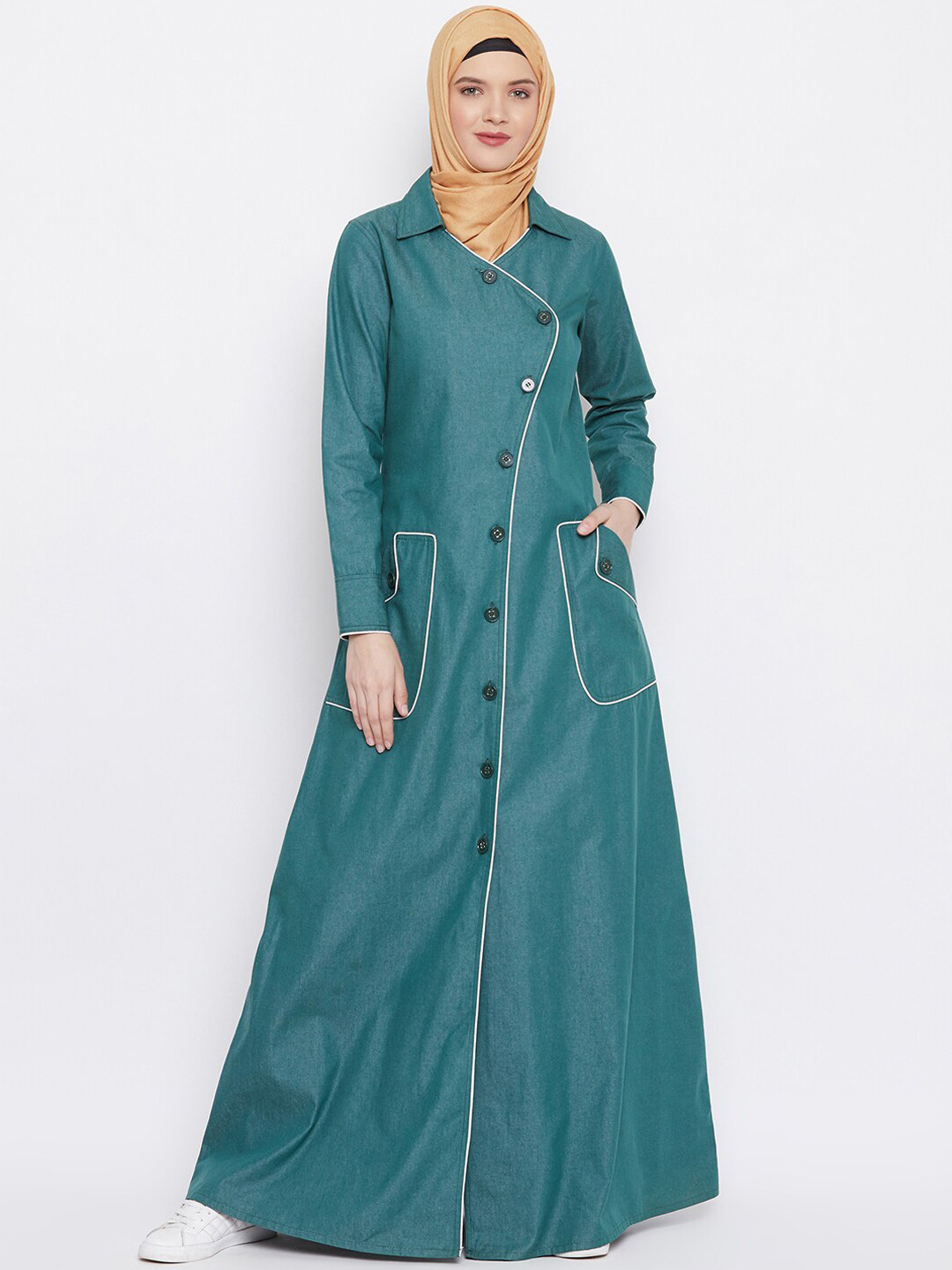 

MOMIN LIBAS Green Denim Front Open Abaya Burqa