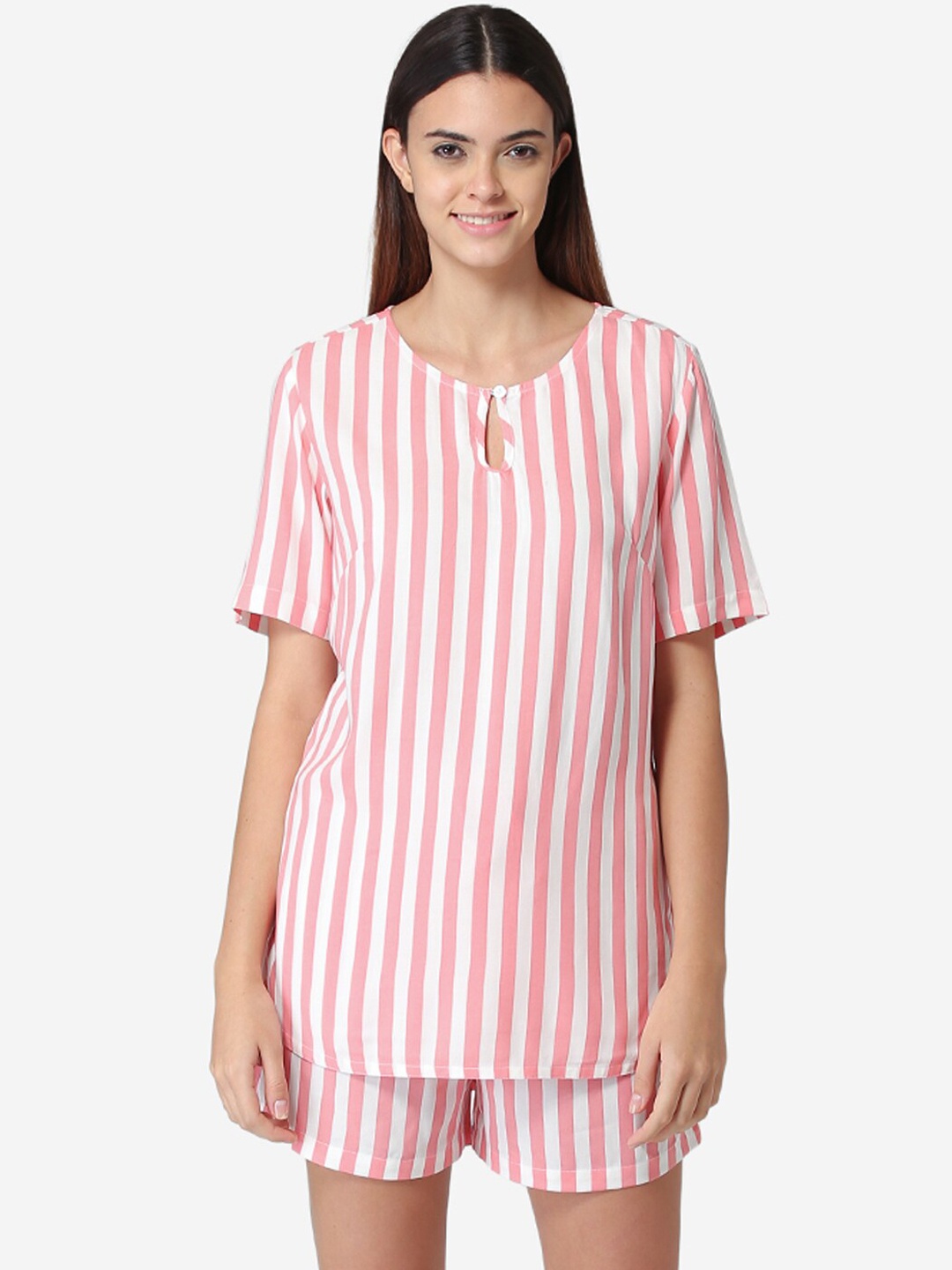 

Fluffalump Women Pink & White Striped Night suit