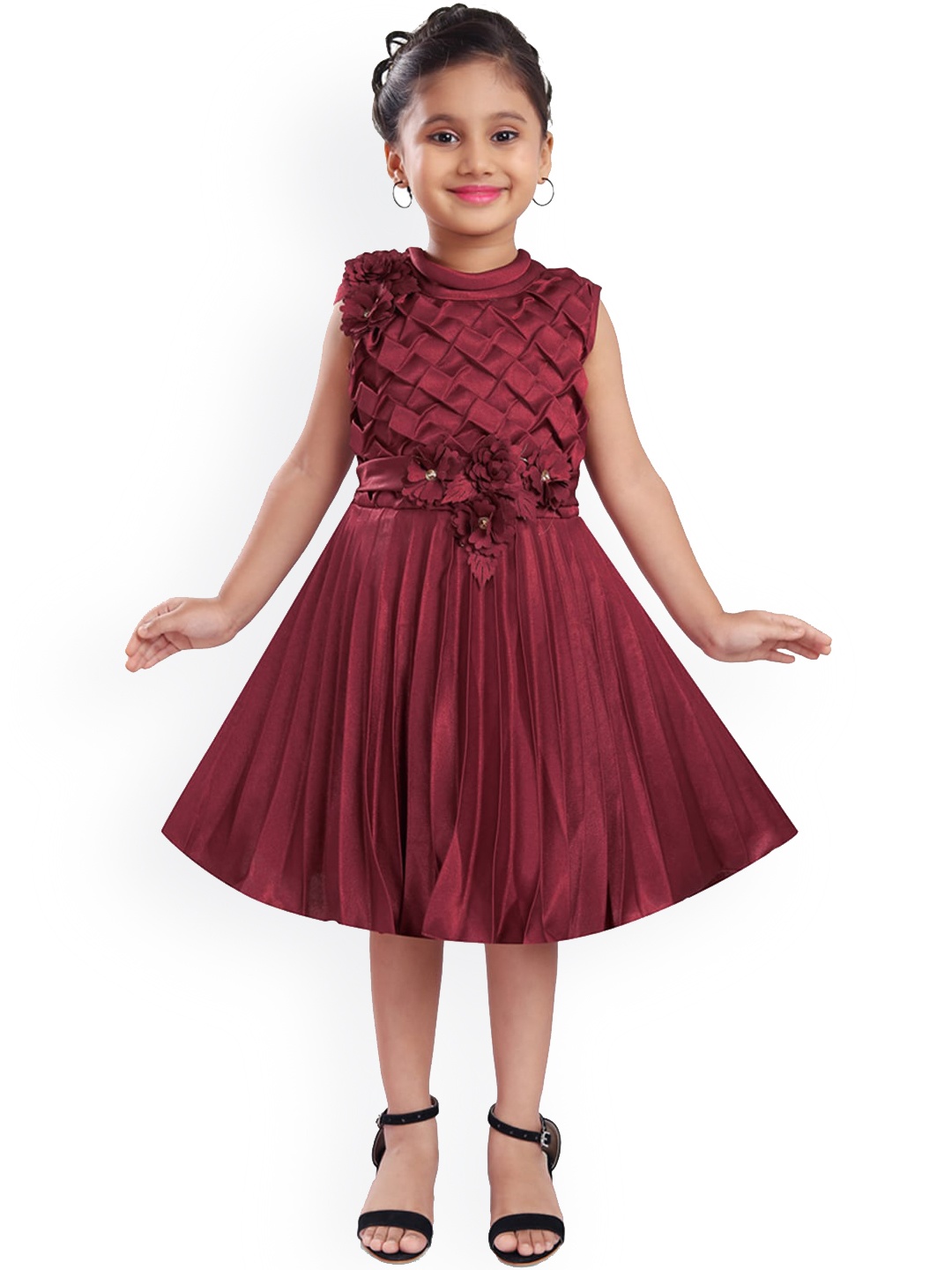 

Wish Karo Girls Maroon Satin Pleated Fit and Flare Dress