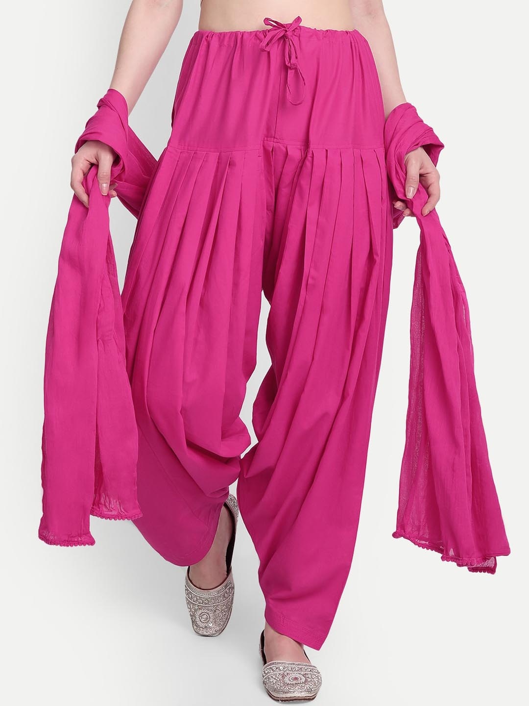 fabGLOBAL Women Pink Solid Cotton Patiala With Dupatta