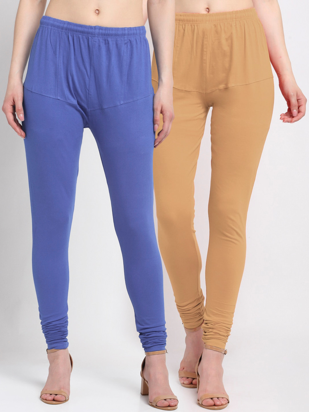 

KLOTTHE Women Pack Of 2 Blue & Brown Solid Churidar-Length Cotton Leggings
