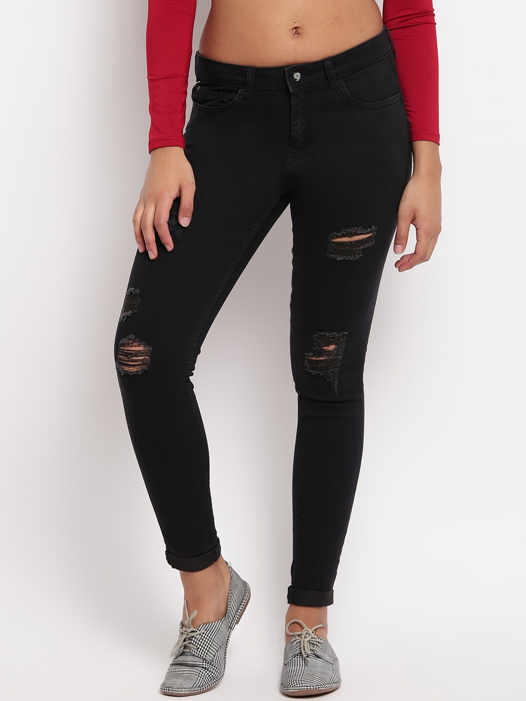 

TALES & STORIES Women Black Skinny Fit Mildly Distressed Jeans