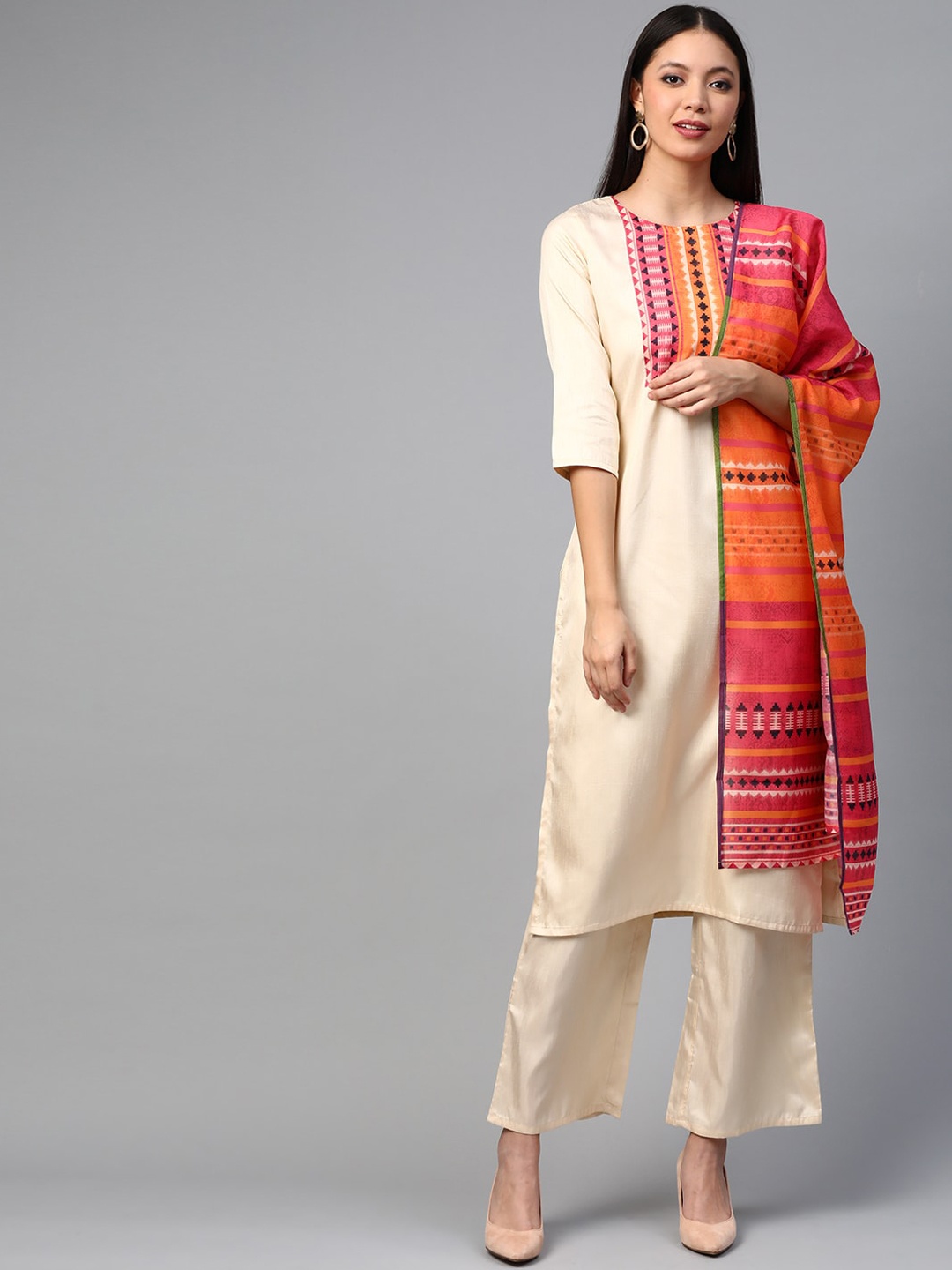 

ZIYAA Women Cream-Coloured Printed Kurta with Palazzos & Dupatta