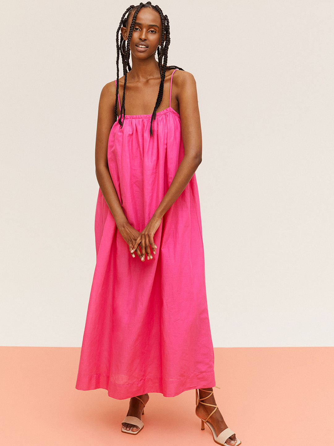 

H&M Women Pink Voluminous Linen-Blend Dress