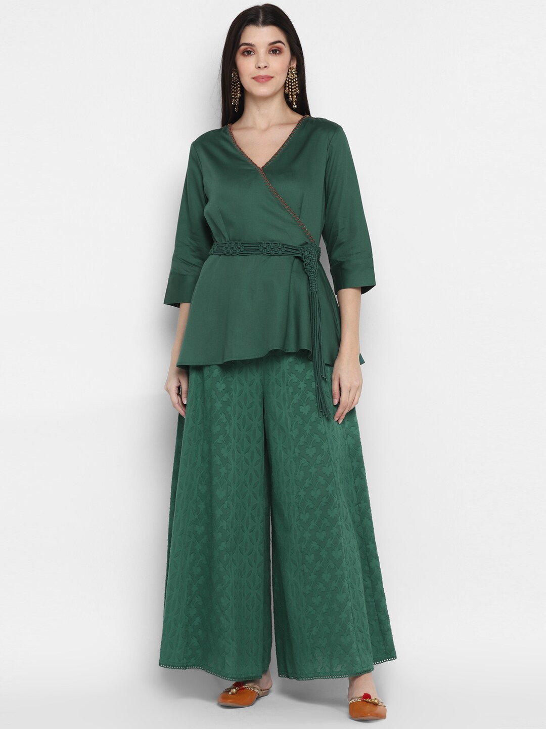 

BLANC9 Women Green Pure Cotton Top with Palazzos