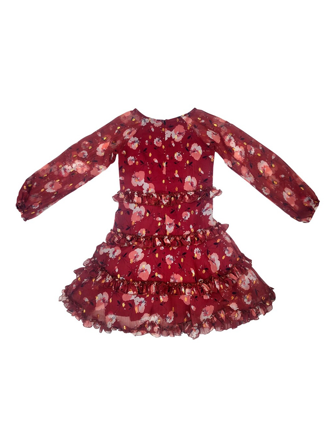 

Gini and Jony Maroon Floral Printed Ruffles A-Line Dress