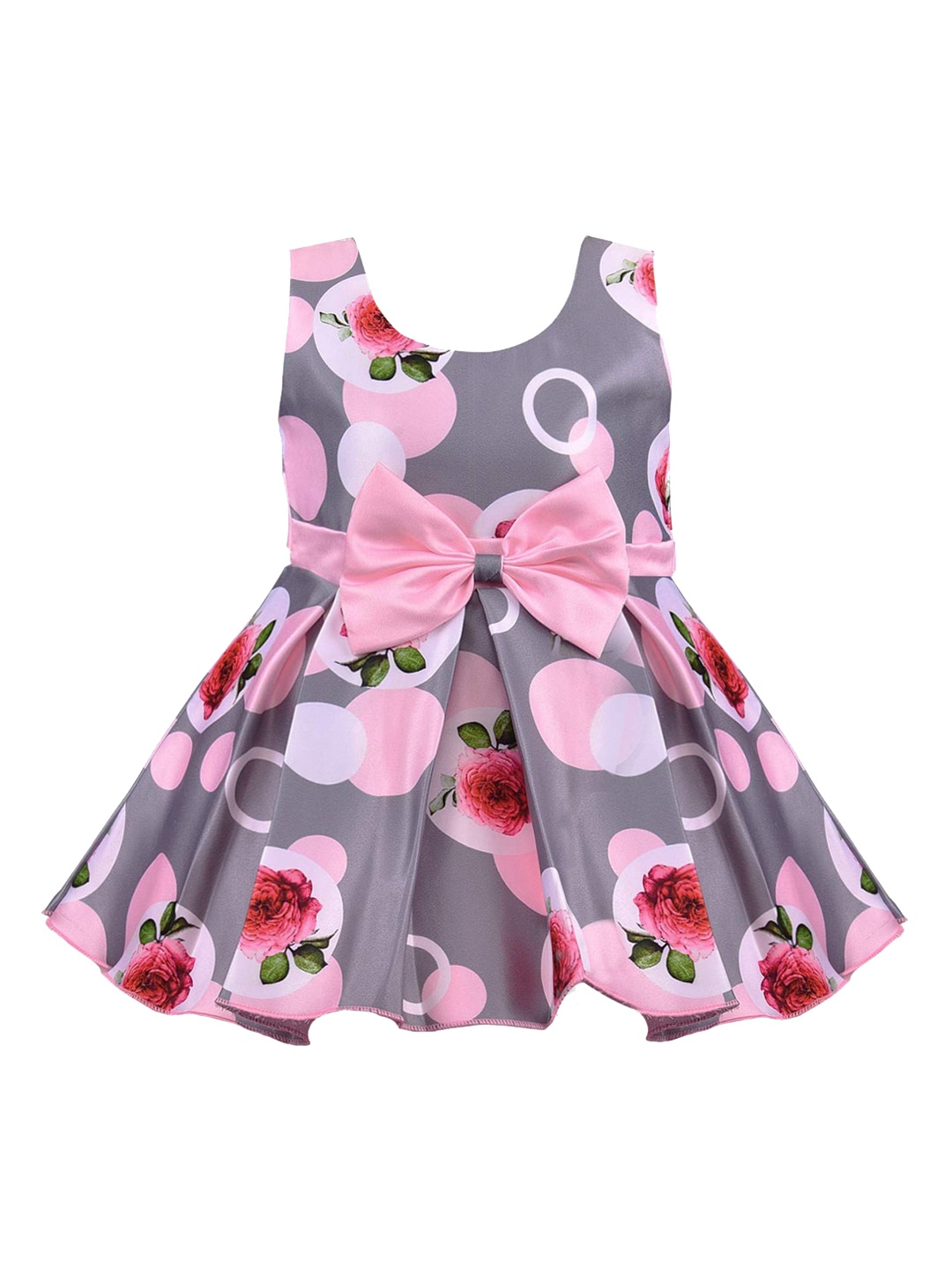 

Wish Karo Girls Grey & Pink Floral Box Pleated Satin Fit and Flare Dress