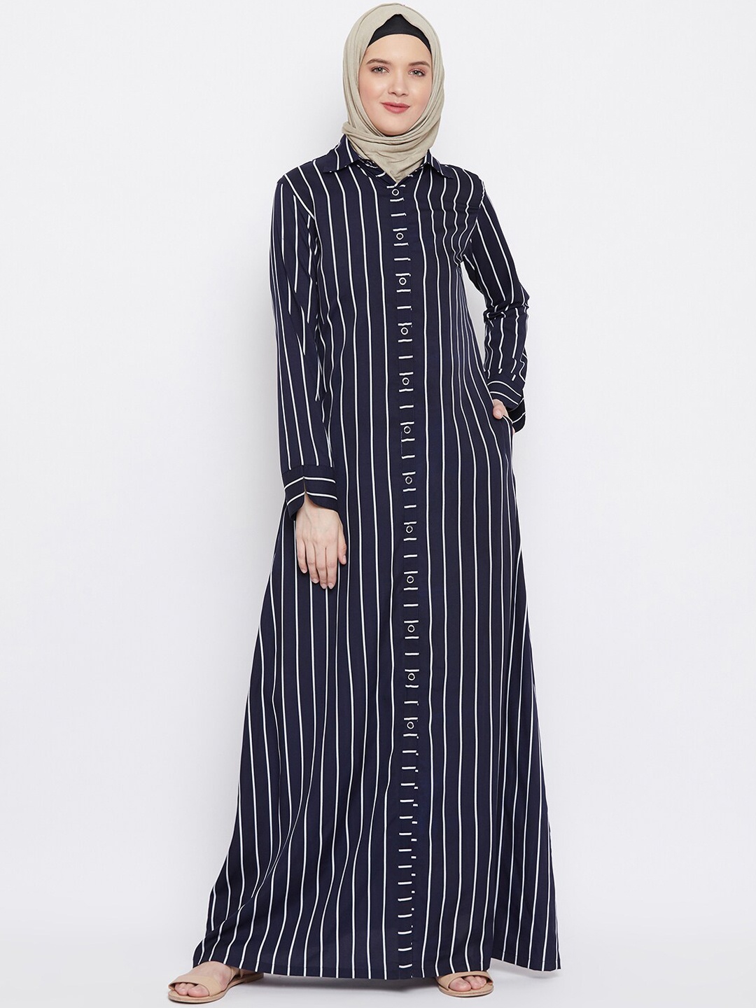 

MOMIN LIBAS Navy Blue Polycrepe Stylish Open-Front Abaya Burqa