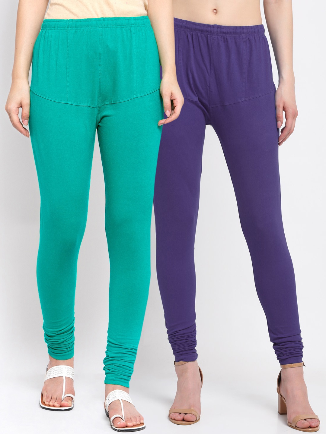 

KLOTTHE Women Pack Of 2 Green & Purple Solid Cotton Churidar-Length Leggings