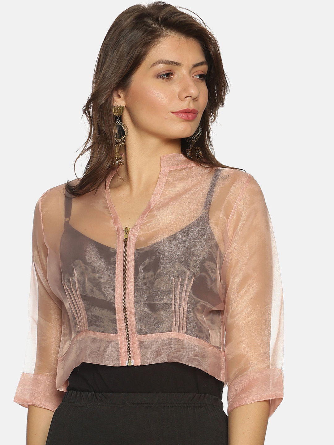 

Ira Soleil Women Pink Floral Lightweight Crop Biker Jacket with Patchwork